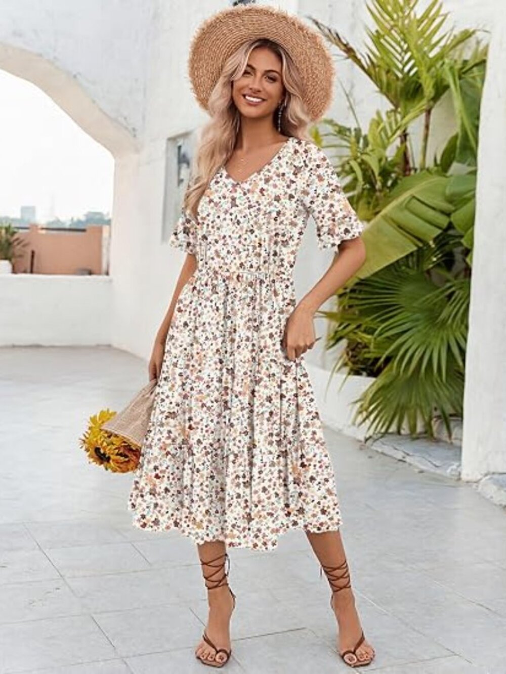 Women's Summer Dresses Midi Tiered Casual Dress Floral V Neck Ruffle Short Sleev - Picture 4 of 5